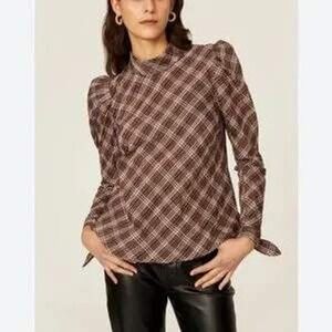 Veronica Beard Brown Plaid Mock-Neck Button-Up Blouse Long Sleeve Women's Size 2